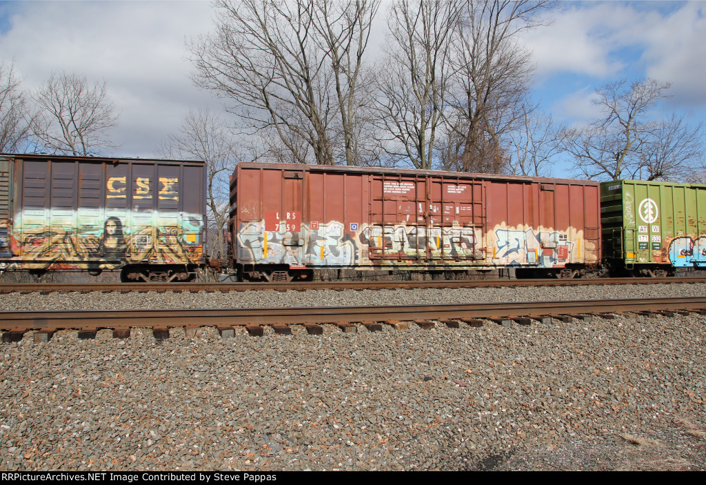 An LRS boxcar.  Grafitti is blocking the car number though.